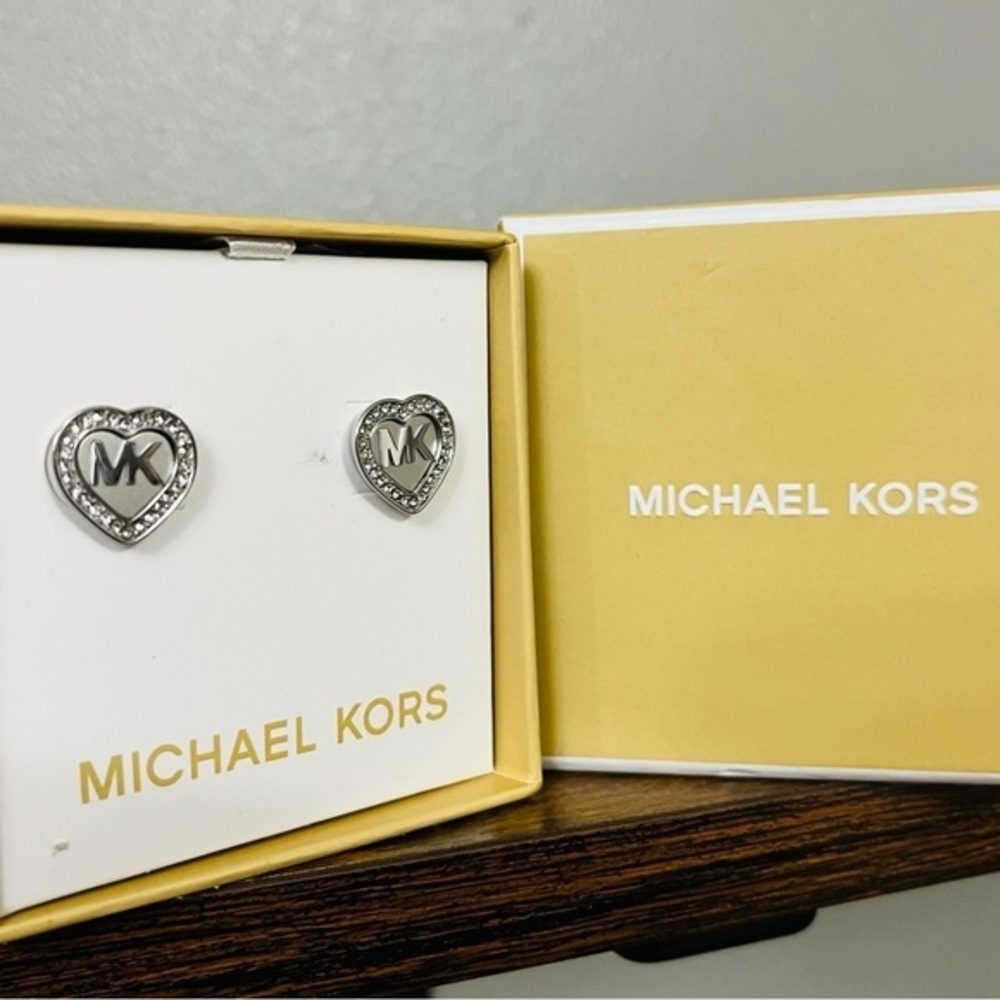 Michael Kors Heart Logo Crystal Stud Earrings Silver Tone NWT